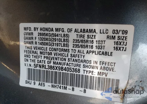 2009 Honda Odyssey Ex-L из США, поврежденный, VIN 5FNRL386X9B405368